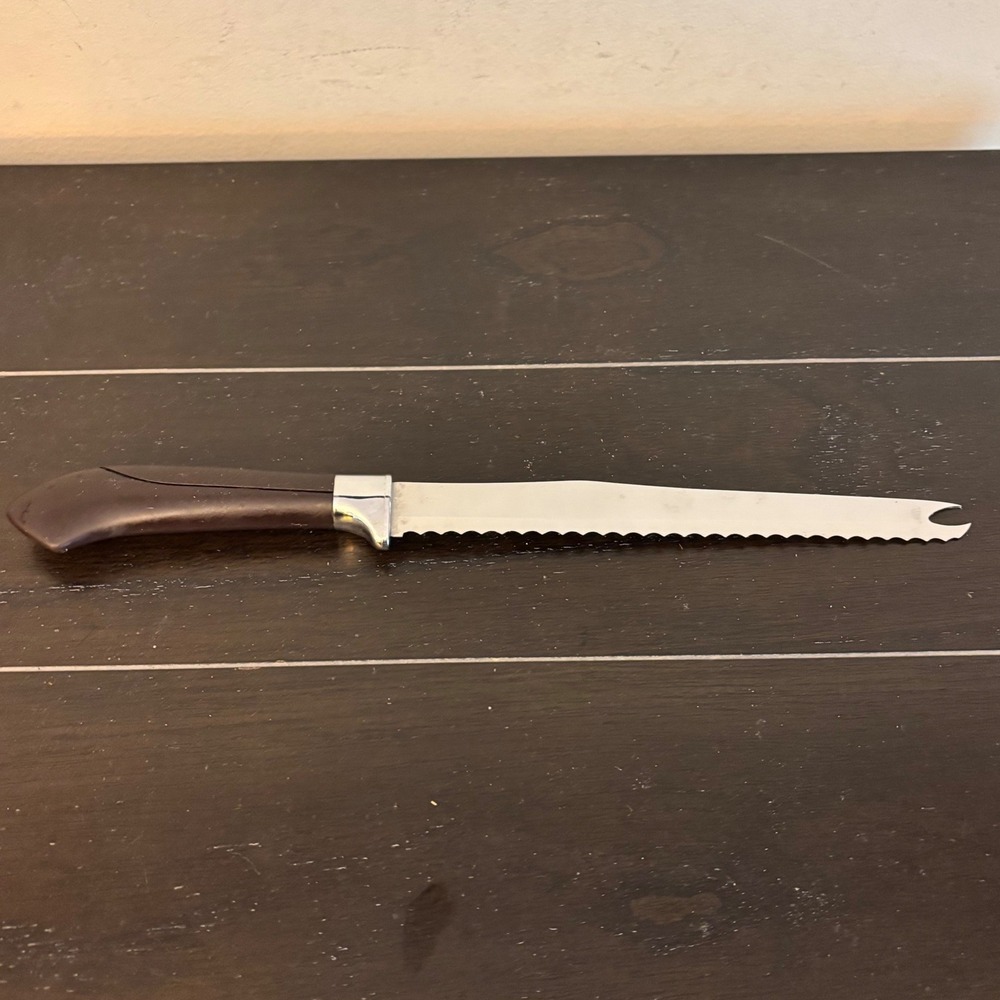 Vintage Ginsu Serrated Knife Stainless USA Dark Brown Handle Forked Tip 12 Inch